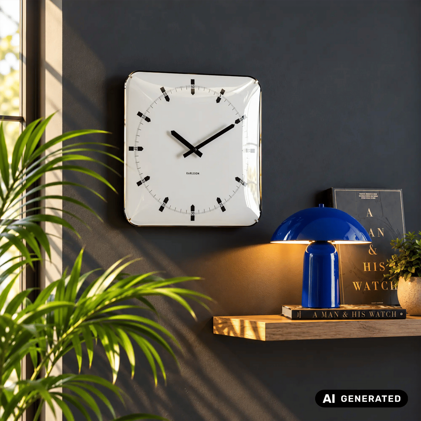 Quadratische Wanduhr mit weißem Zifferblatt und schwarzem Rahmen, gewölbtes Glas.