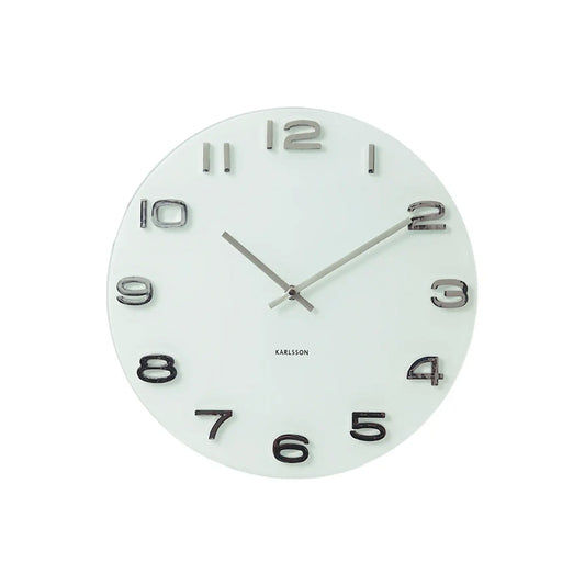 Runde Wanduhr mit weißem Ziffernblatt und arabischen Ziffern in dunkler Ausführung