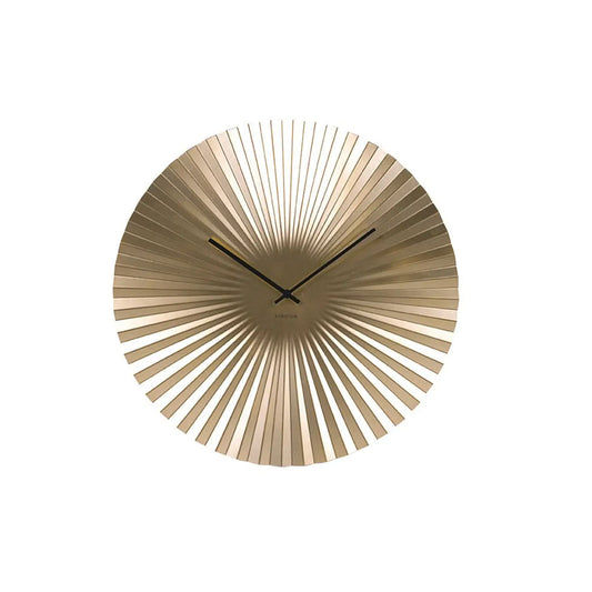 Große Ansicht: runde goldfarbene Fächer-Wanduhr mit schwarzen Zeigern