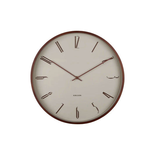 Wanduhr mit rundem warmgrauem Rahmen und weißem Zifferblatt, schlanke Zeiger