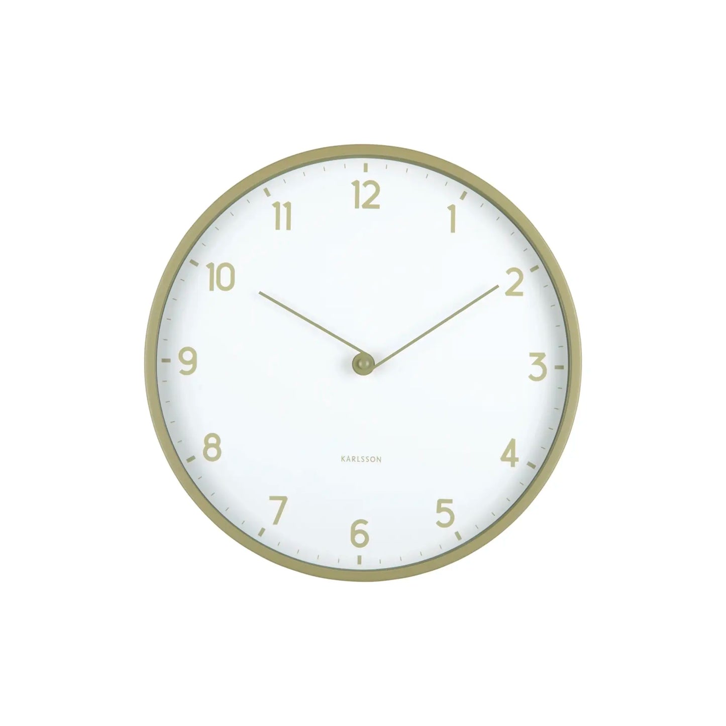 Wanduhr mit beigem Rahmen und weißem Zifferblatt, goldfarbene Ziffern und Zeiger