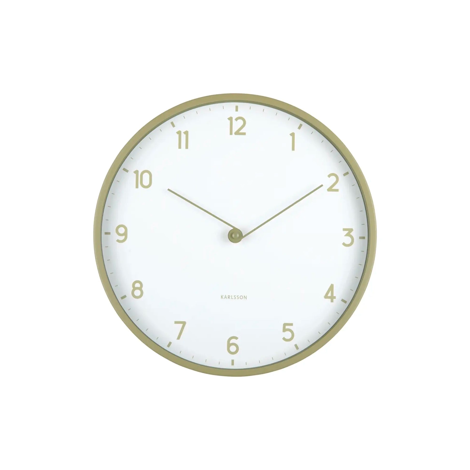 Wanduhr mit beigem Rahmen und weißem Zifferblatt, goldfarbene Ziffern und Zeiger