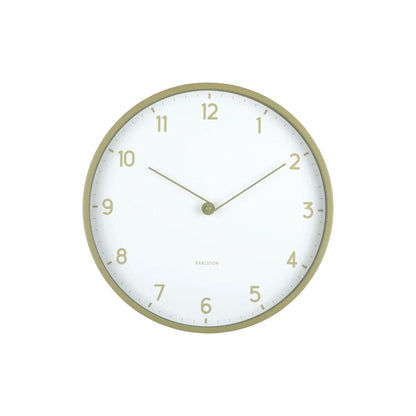 Wanduhr mit beigem Rahmen und weißem Zifferblatt, goldfarbene Ziffern und Zeiger