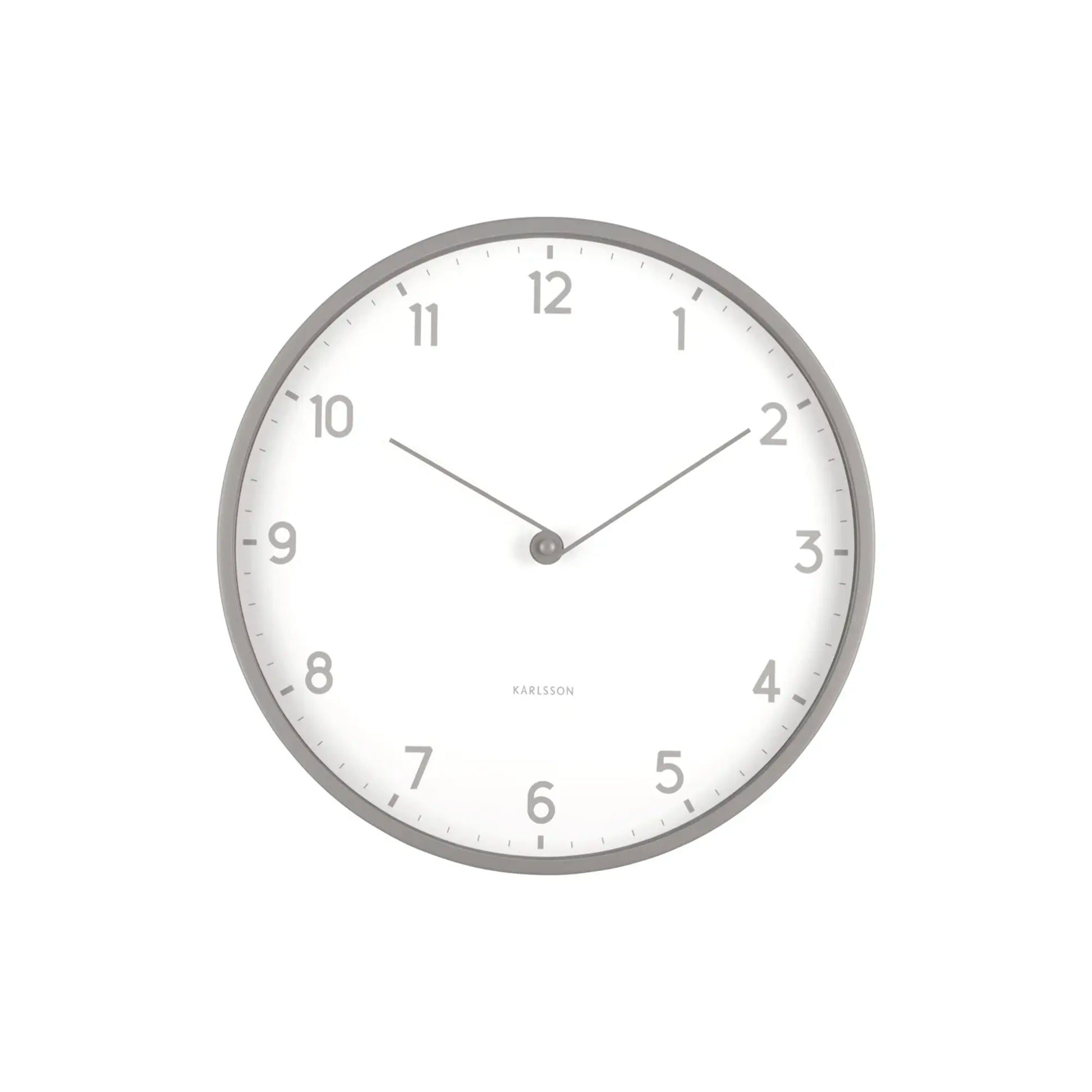 Karlsson Wanduhr rund, weißes Zifferblatt mit Ziffern und dunkelgrauem Rahmen