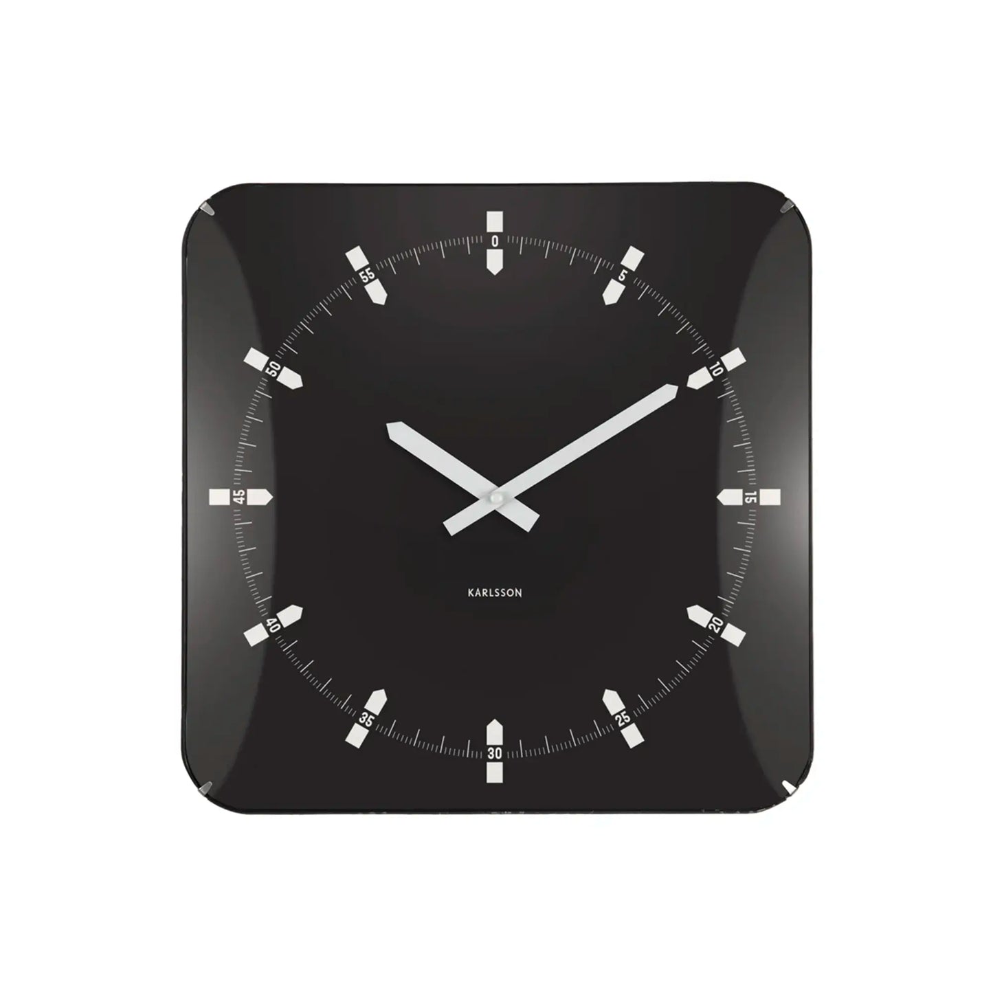 Quadratische schwarze Wanduhr mit weißen Zeigern, Indexstrichen und Ziffernmarkierung 30