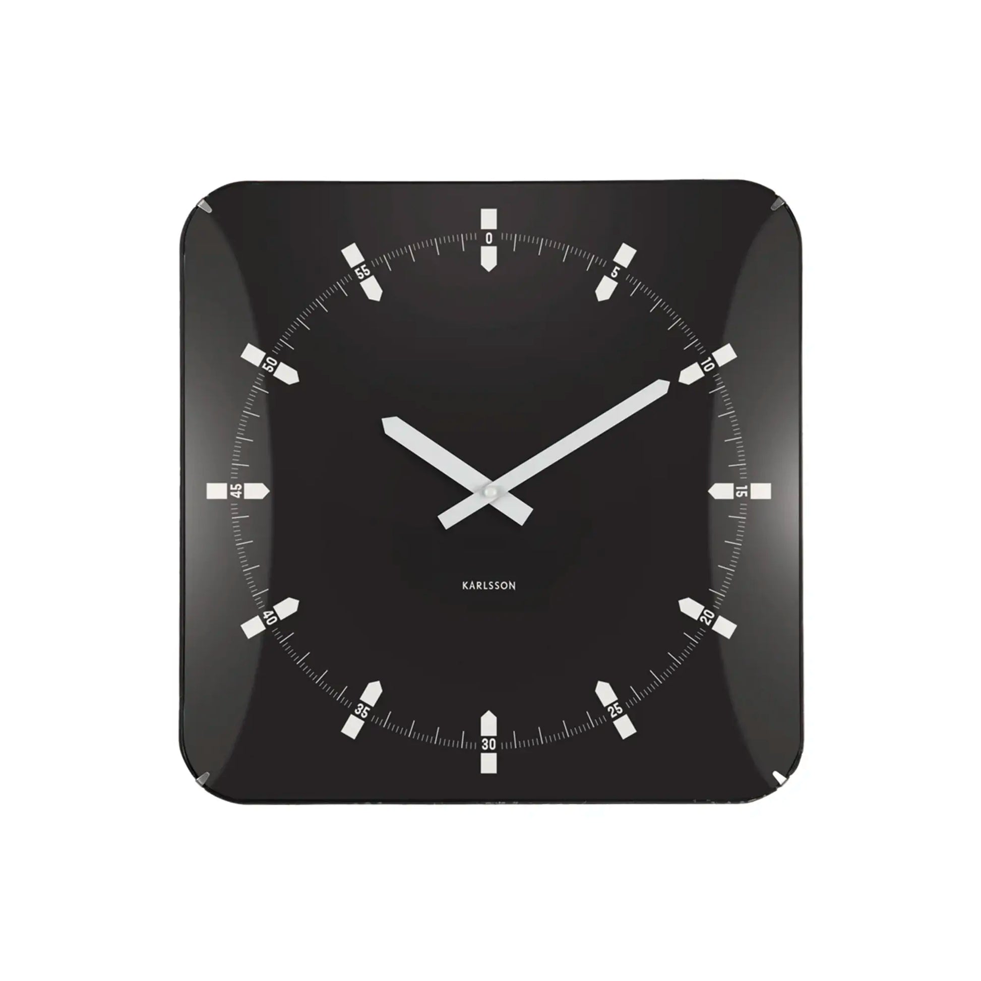 Quadratische schwarze Wanduhr mit weißen Zeigern, Indexstrichen und Ziffernmarkierung 30