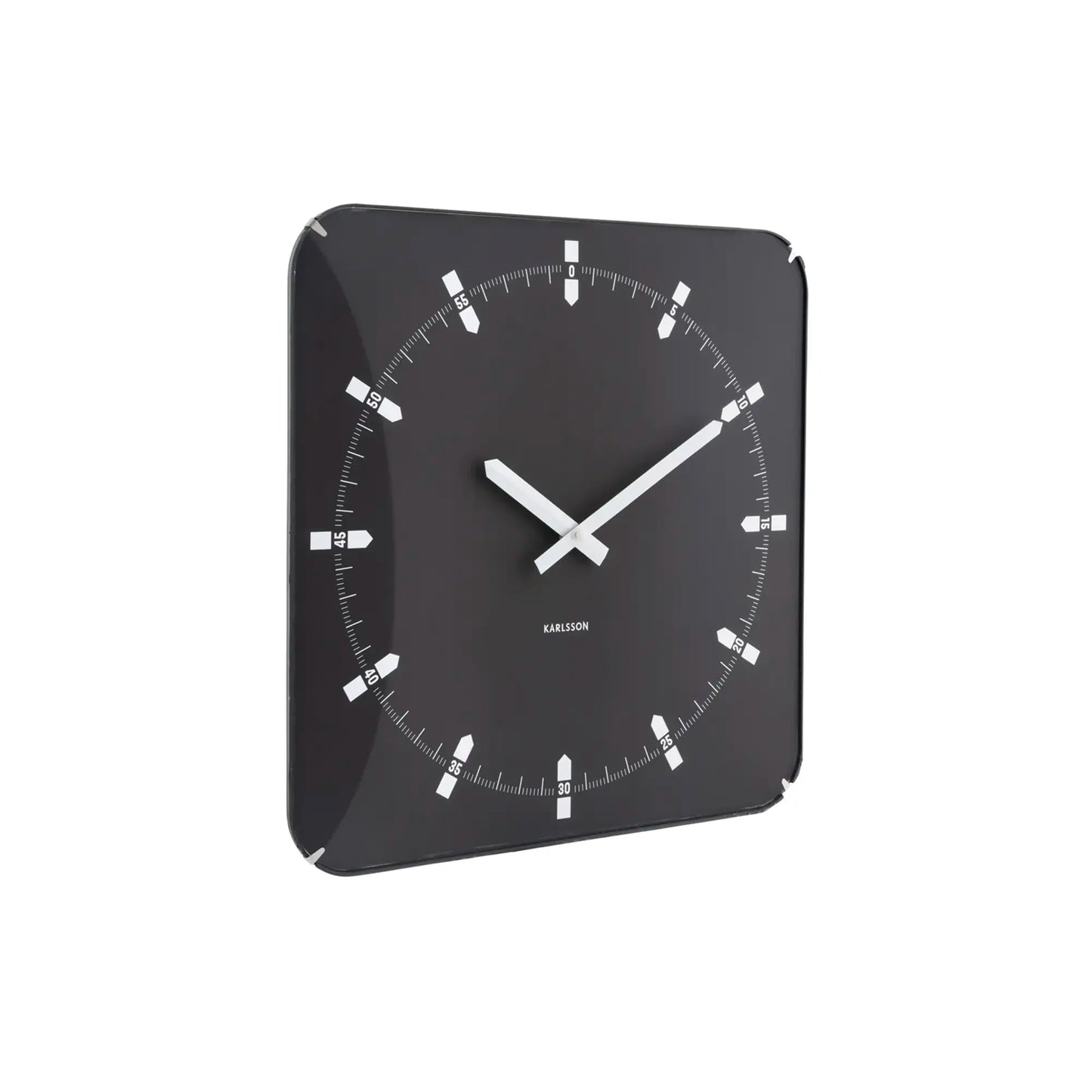 Quadratische schwarze Wanduhr mit weißen Indexstrichen und Kreuzzeigern