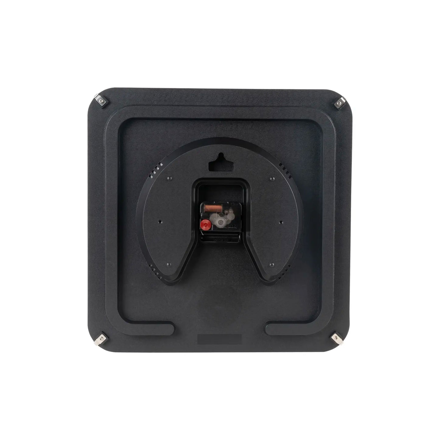 Rückseite einer quadratischen Wanduhr mit Montageöffnung und Mechanik im Gehäuse