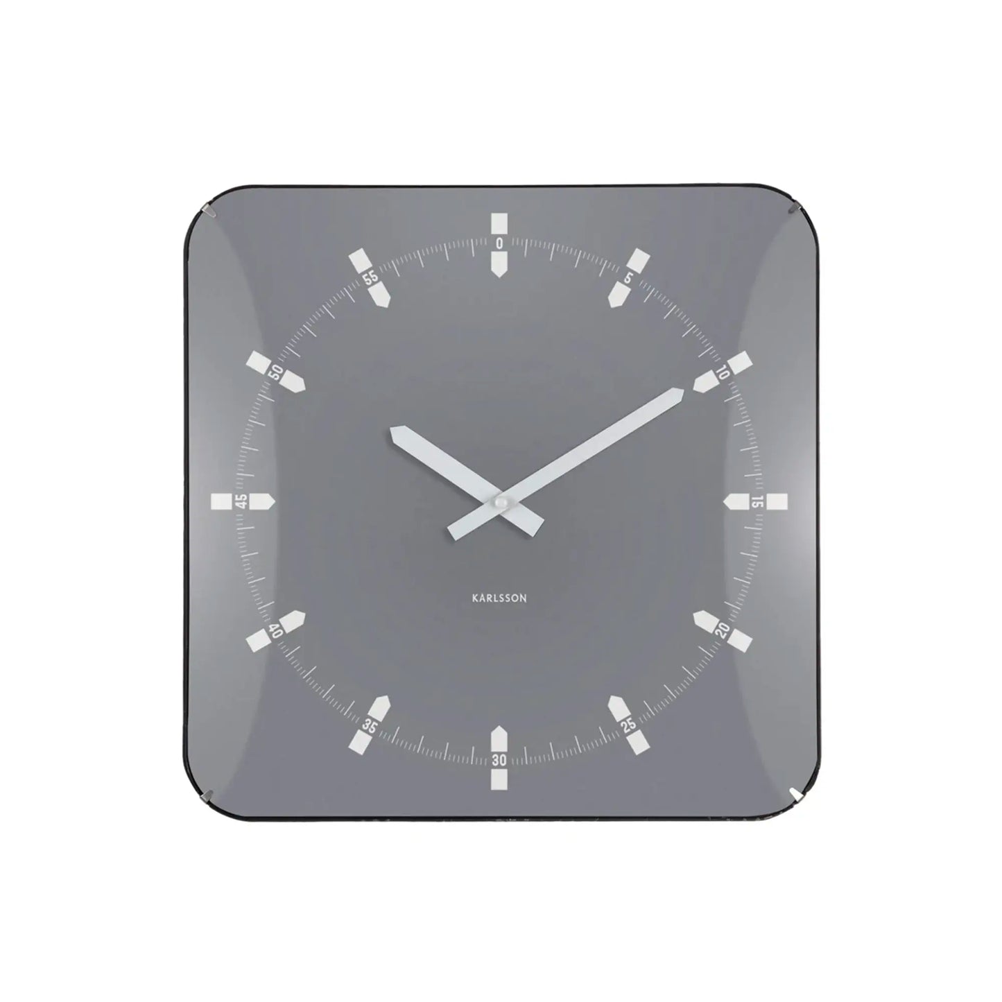 Quadratische Wanduhr grau mit weißen Zeigern und Strichindizes, klare Glaskante