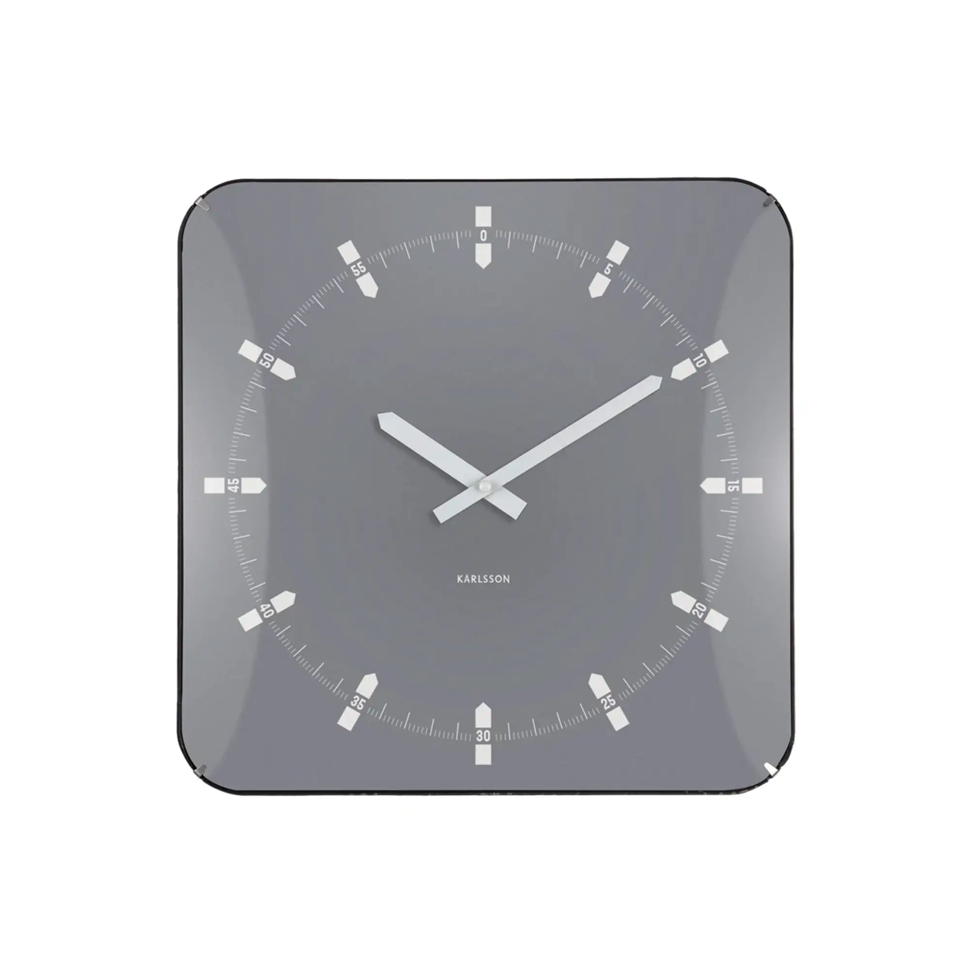Quadratische Wanduhr grau mit weißen Zeigern und Strichindizes, klare Glaskante