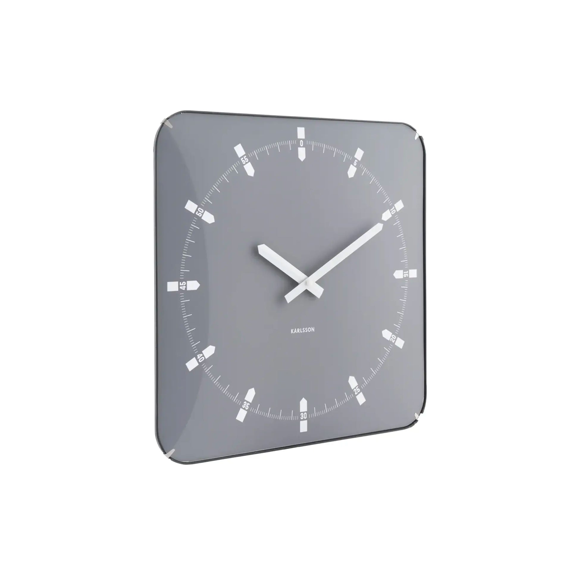 Quadratische Wanduhr mit grauem Zifferblatt, weißen Zeigern, Indexringen und Glaskante