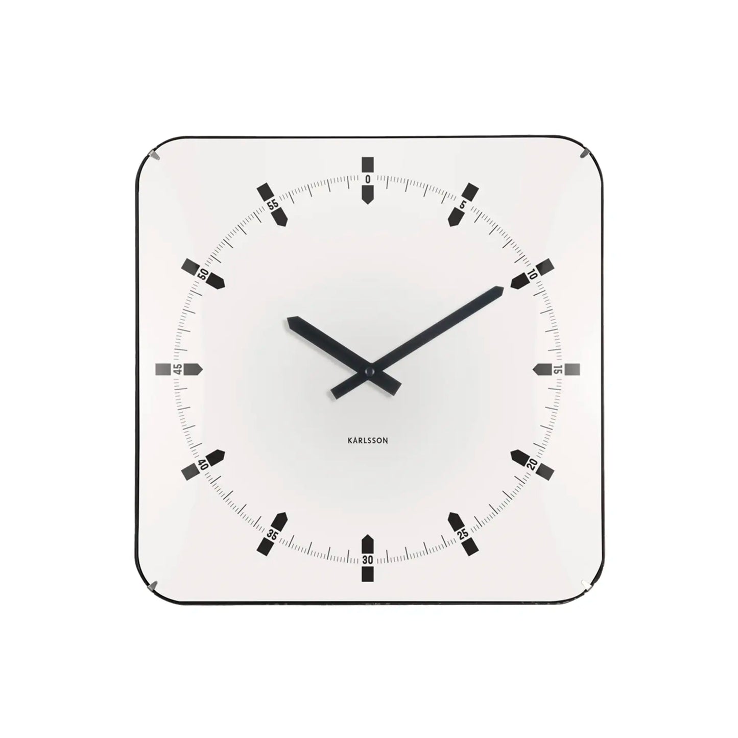 Quadratische Wanduhr mit weißem Zifferblatt, schwarze Zeiger und Minutenmarken, Rahmen.