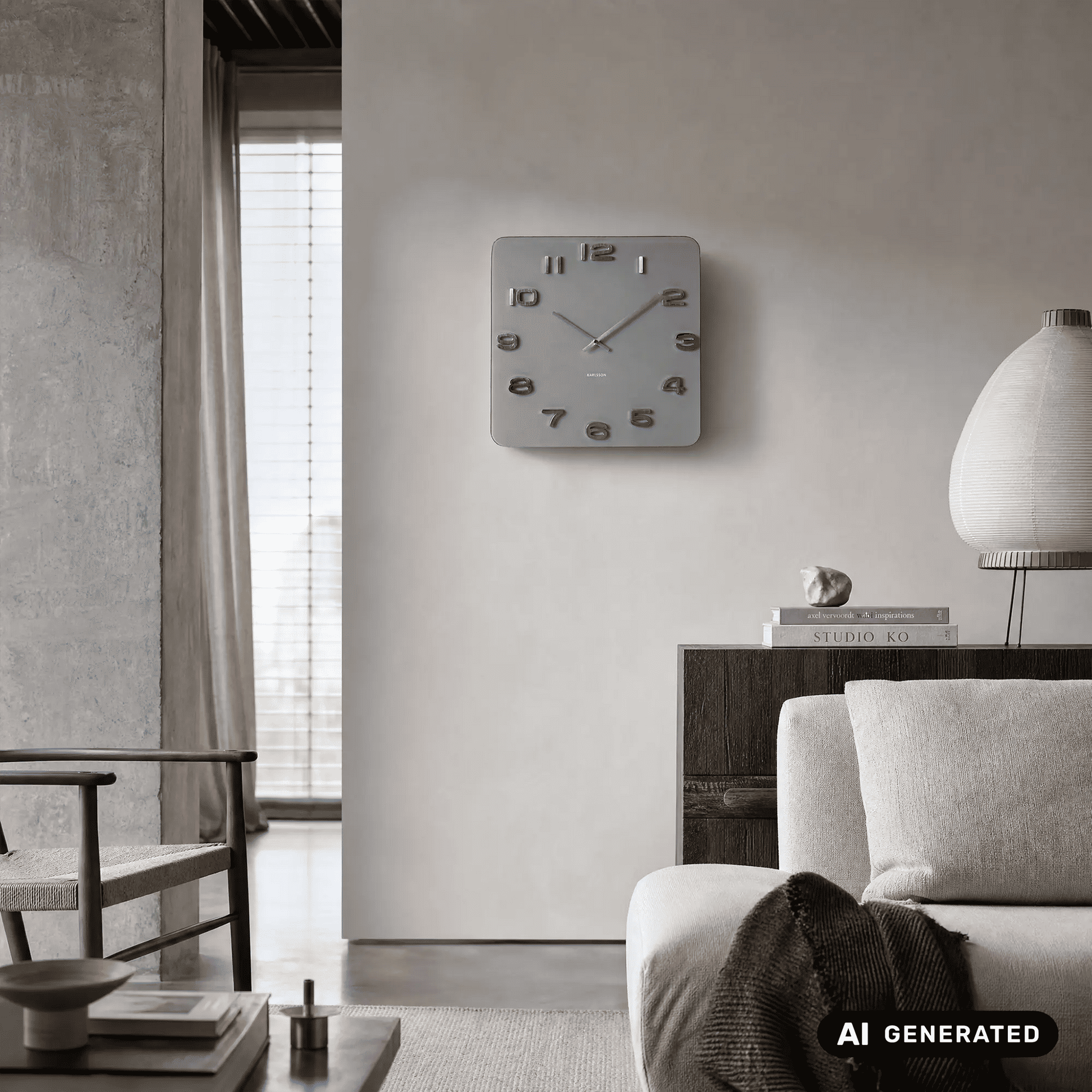 Quadratische graue Wanduhr mit offenen Ziffern, Metallzeigern und rechteckigem Gehäuse