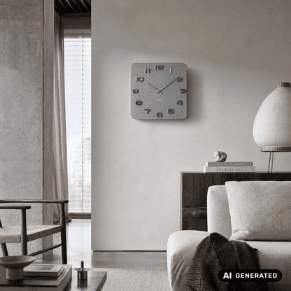 Quadratische graue Wanduhr mit offenen Ziffern, Metallzeigern und rechteckigem Gehäuse