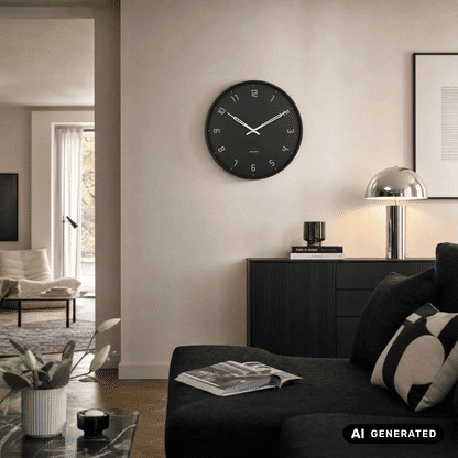 Schwarze Wanduhr an heller Wand über Sofa, runde Form mit weißen Zeigern
