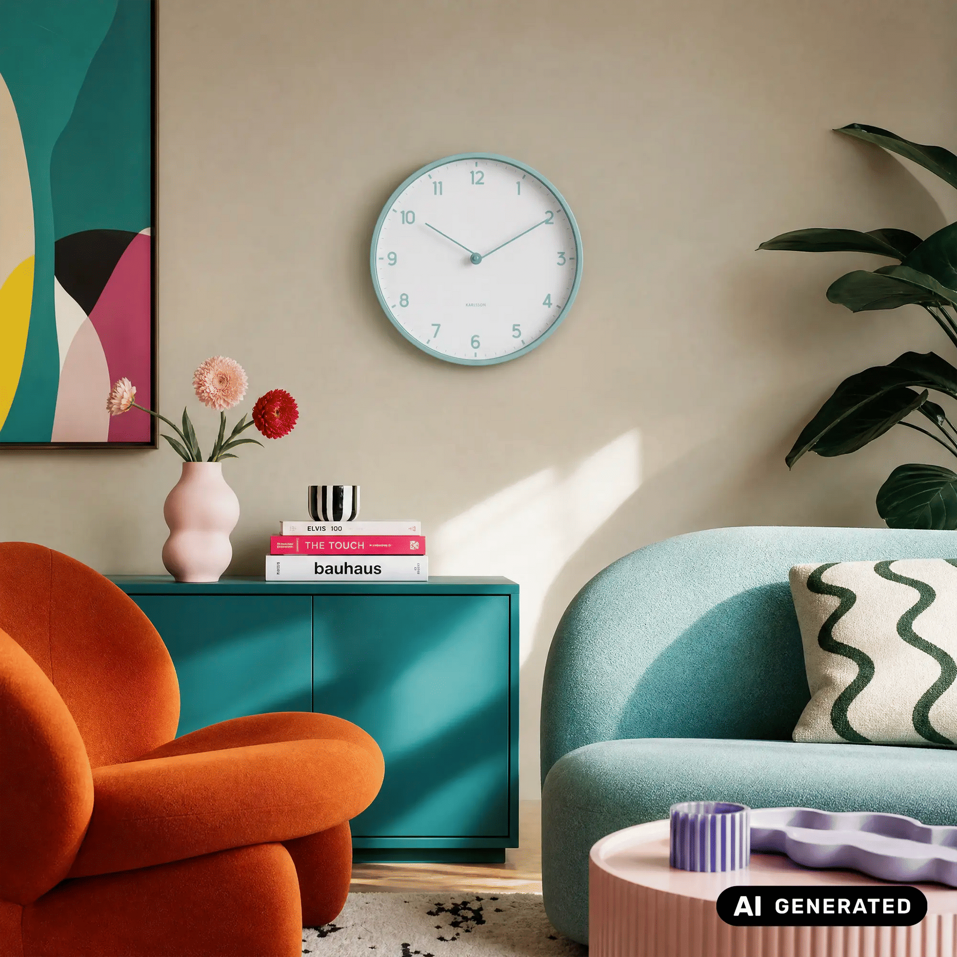 Hellblaue Karlsson Wanduhr an der Wand mit weißen Ziffern und blauen Zeigern