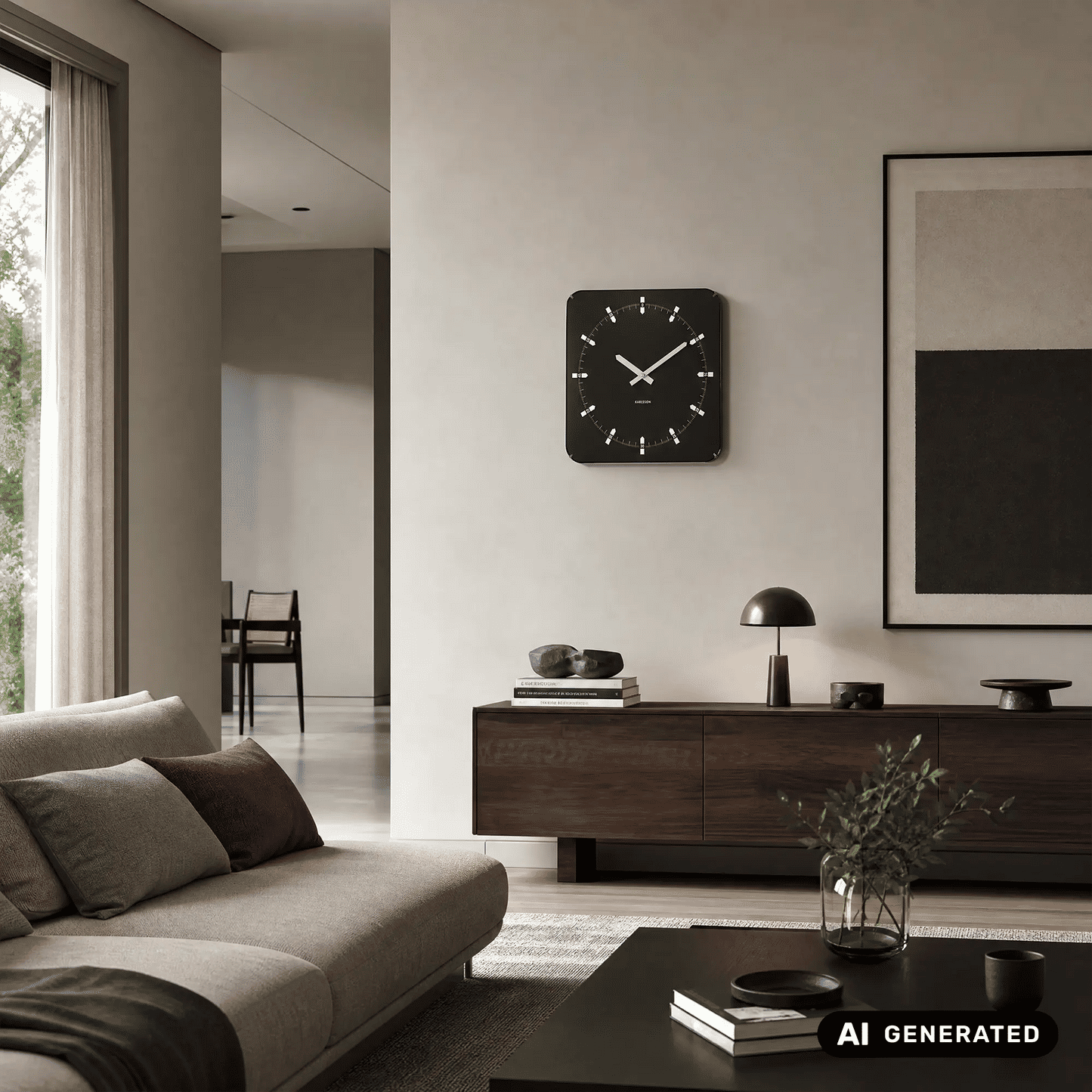 Quadratische schwarze Wanduhr an der Wand mit weißen Zeigern und Indexstrichen