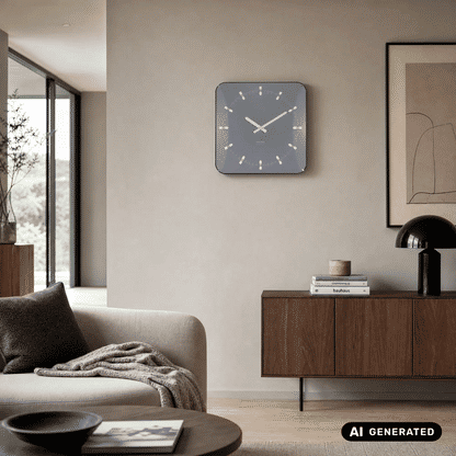 Quadratische Karlsson Wanduhr grau mit weißen Zeigern, gewölbter Glaskuppel