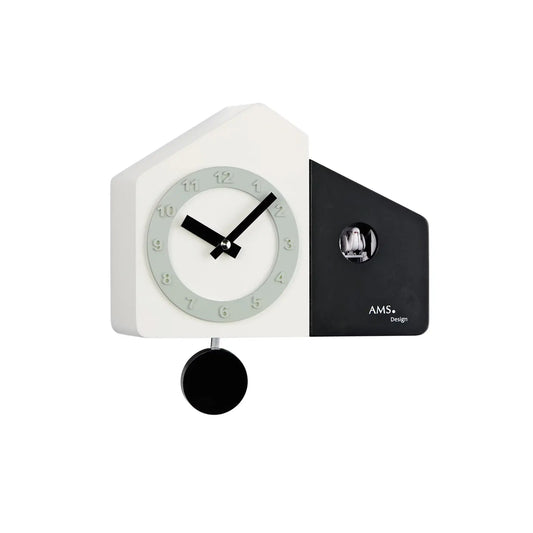 AMS Design W7397 Wall Clock • Modern Black and White Wooden Case • Quartz Pendulum Movement with Cuckoo Call