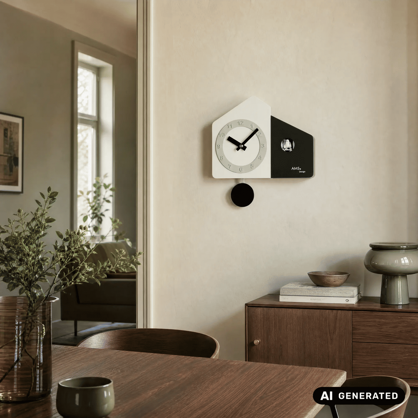Zweifarbige Wanduhr an der Wand mit hellem Zifferblatt, schwarzen Zeigern und Pendel