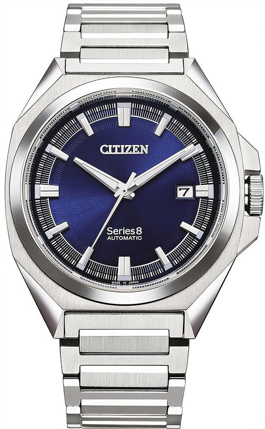 CITIZEN Herrenarmbanduhr mit silbernem Metallband und blauem Zifferblatt, Datum bei 7