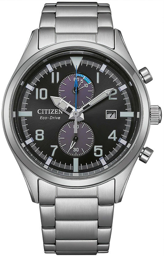 Citizen Sport Herrenuhr mit Chronograph, schwarzem Zifferblatt, Stahlband und Datumsanzeige