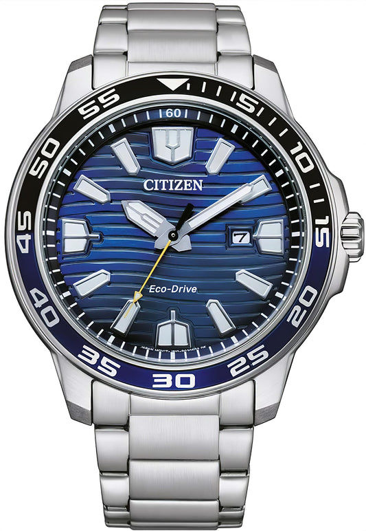 Citizen Herrenuhr mit Eco-Drive, blauem Zifferblatt und Edelstahlarmband, Sportdesign