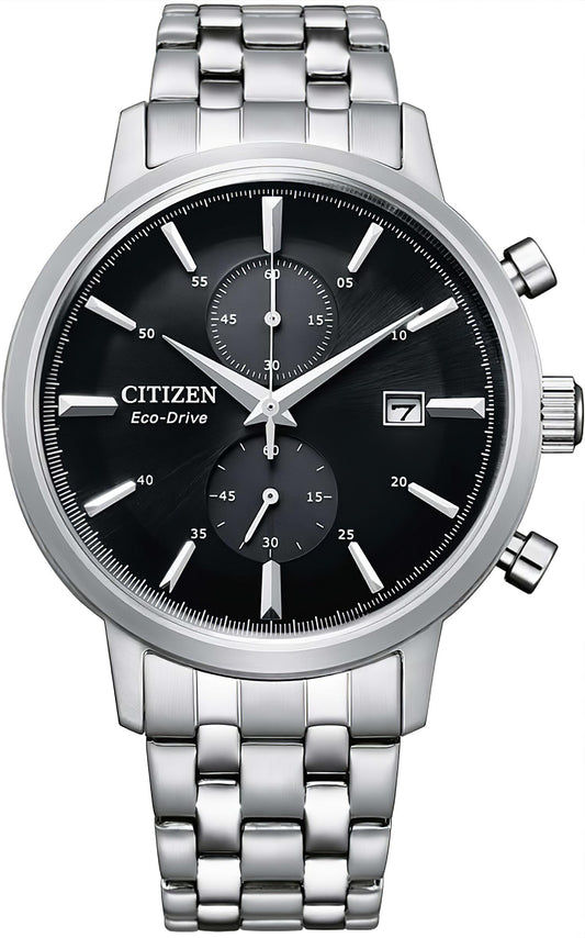 Citizen Herrenuhr-Chronograph mit Eco-Drive, schwarzem Zifferblatt, Edelstahlarmband