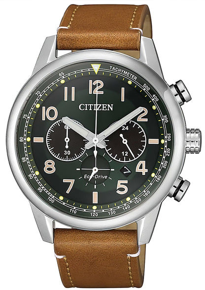 Herrenuhr mit Eco-Drive Chronograph, schwarzem Zifferblatt, braunem Lederarmband