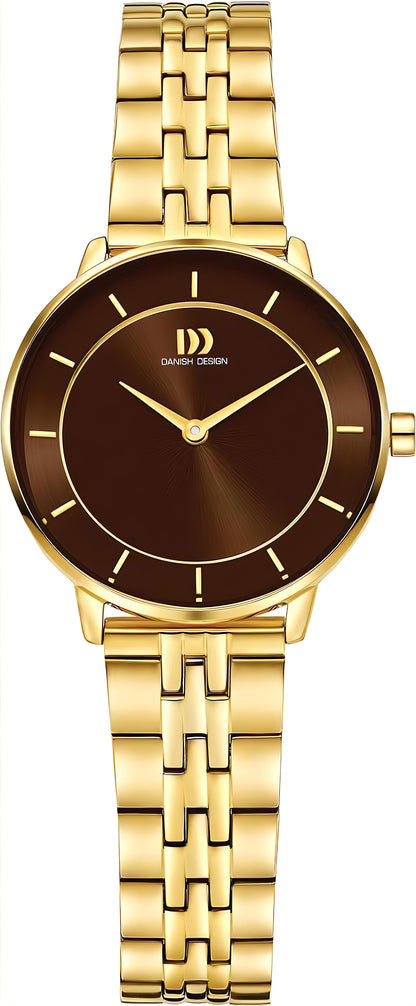 Danish Design Damenuhr mit goldfarbenem Edelstahlarmband und dunkelbraunem Zifferblatt