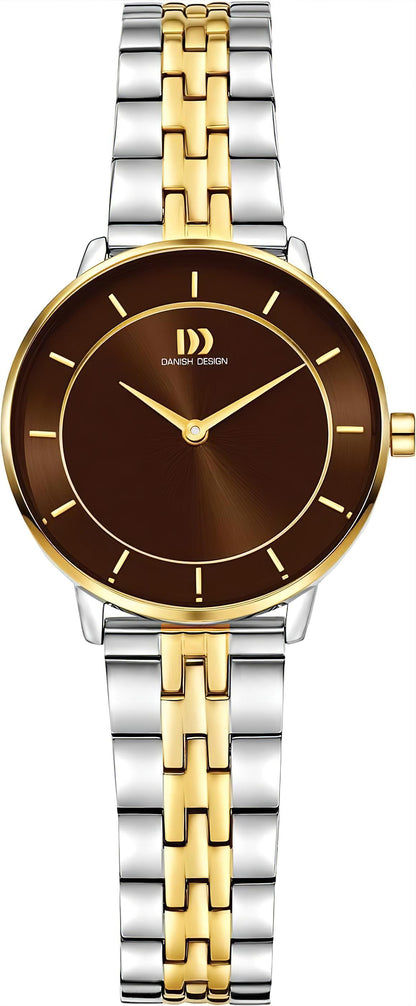 Danish Design Damenuhr mit braunem Zifferblatt, goldenen Indexen und zweifarbigem Metallarmband