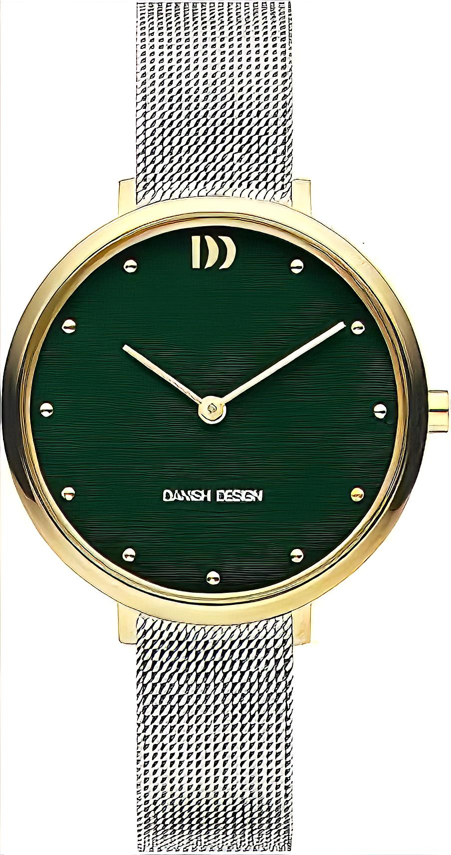 Danish Design Herrenarmbanduhr: grünes Zifferblatt, goldfarbenes Gehäuse, Metallmesh-Armband