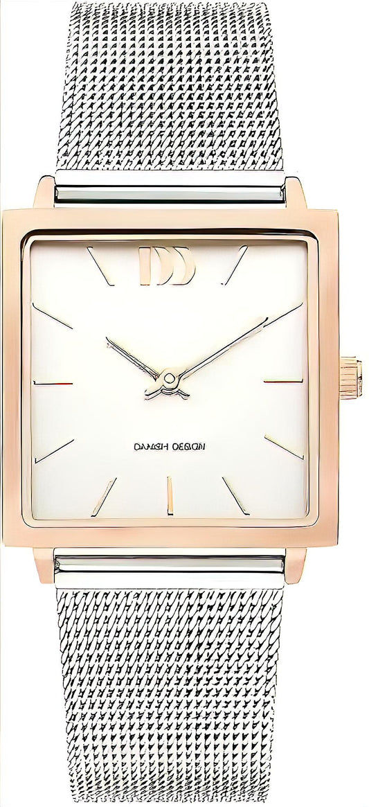 Damenuhr aus Edelstahl mit Mesh-Armband, roségoldenem Gehäuse und weißem Zifferblatt
