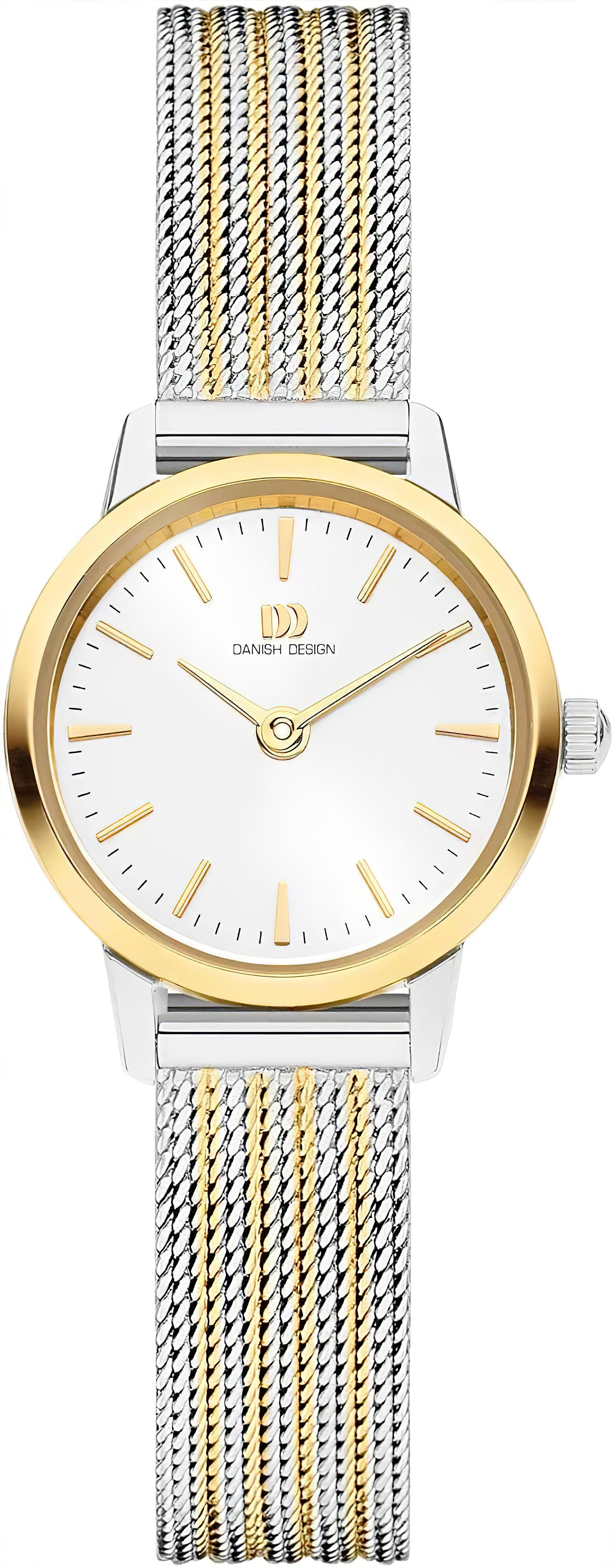 Danish Design Damenuhr mit weißem Zifferblatt, goldenem Gehäuse und Metallband in Gold/Silber