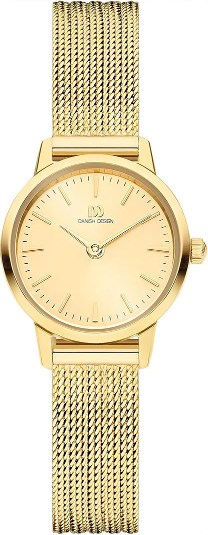 Damenuhr mit goldfarbenem Mesh-Armband und rundem Zifferblatt, Danish Design Schriftzug