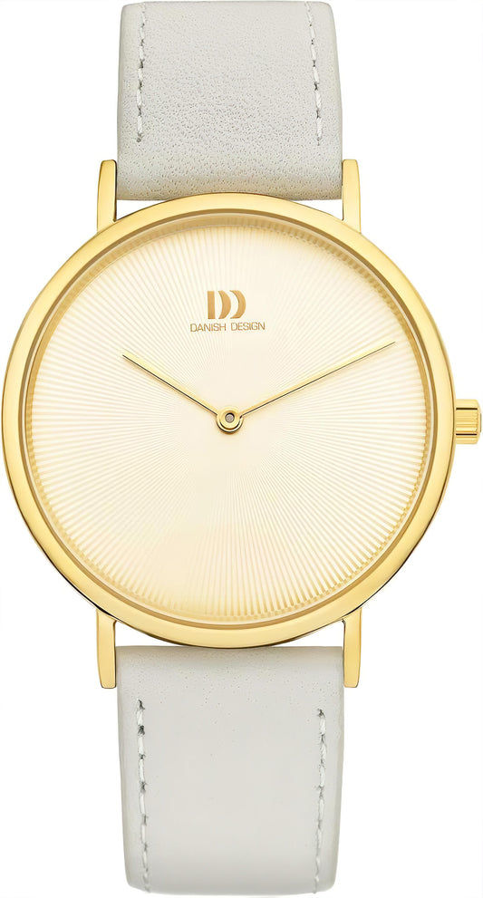 Damenuhr von Danish Design mit rundem goldfarbenem Gehäuse, beigem Lederband und hellem Zifferblatt