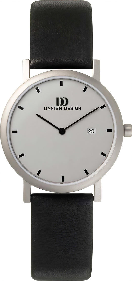 Damenuhr Danish Design mit schwarzem Lederarmband, silbernem Rundgehäuse und minimalem Zifferblatt