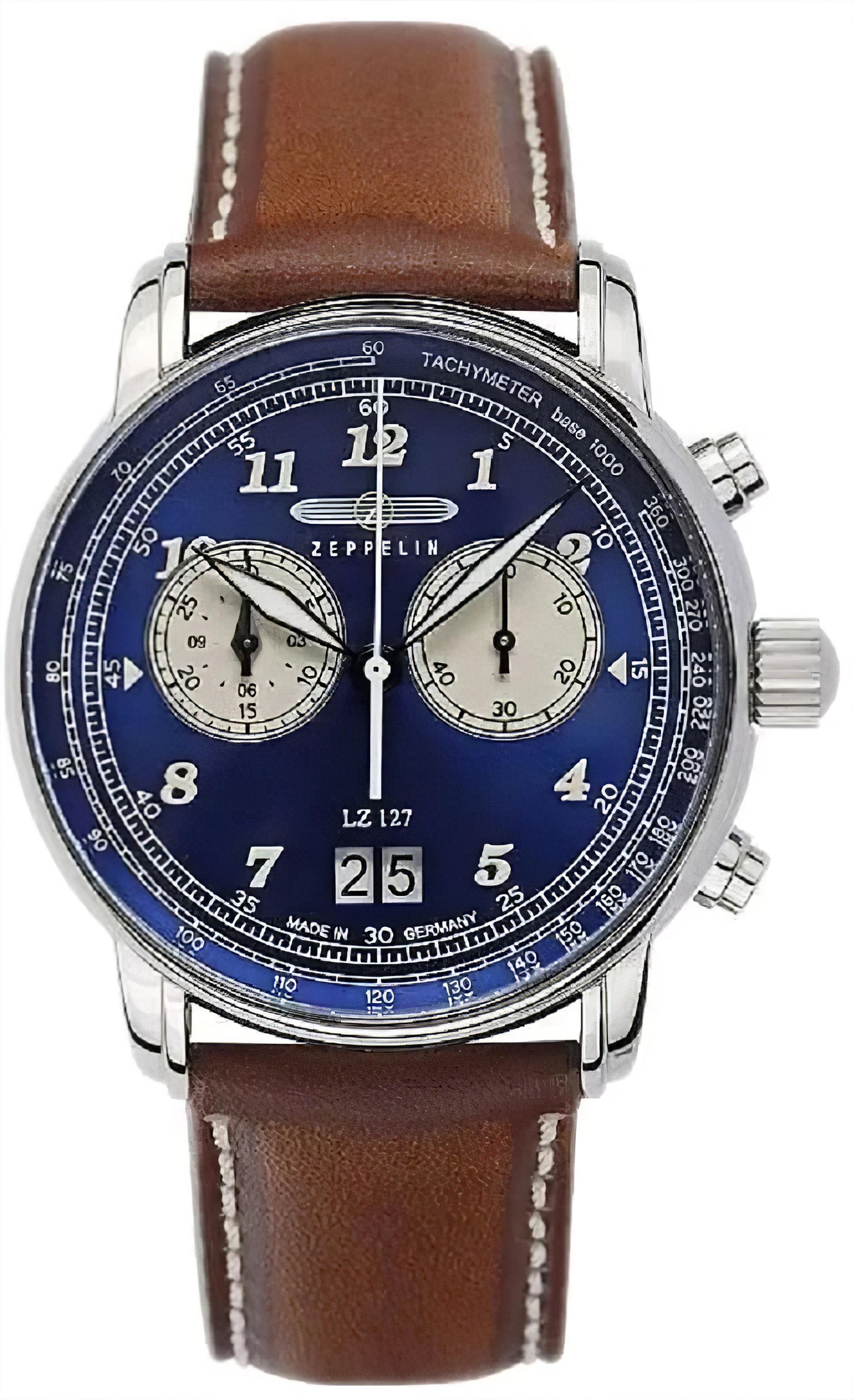Zeppelin Chronograph-Herrenuhr mit blauem Zifferblatt und braunem Lederarmband.