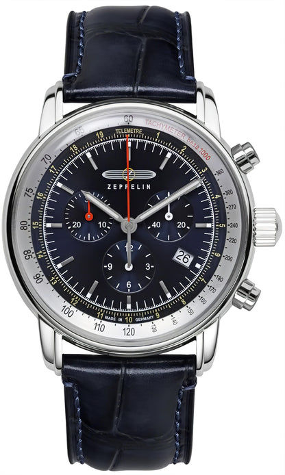 Zeppelin LZ14 Marine 8888-3 Herrenuhr mit rundem Stahlgehäuse, blauem Zifferblatt und Lederband