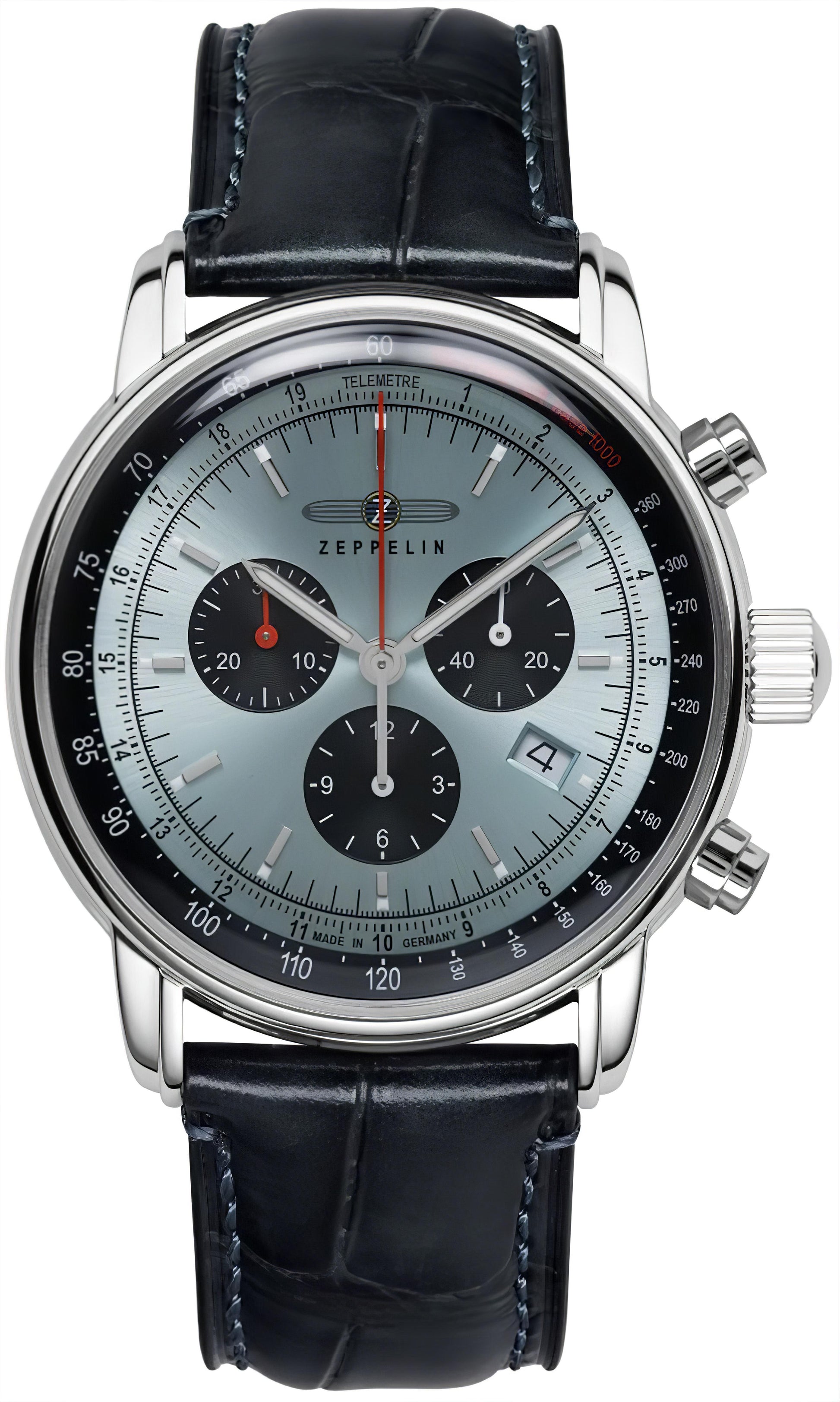 Zeppelin Chronograph: Herrenuhr mit dunkelblauem Lederband und silbernem Gehäuse