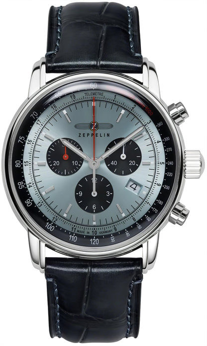 Zeppelin Chronograph: Herrenuhr mit dunkelblauem Lederband und silbernem Gehäuse