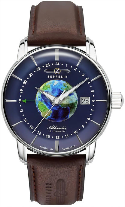 Zeppelin Atlantic Herrenuhr mit blauem Zifferblatt, Weltkarte, Datumsanzeige und braunem Lederband