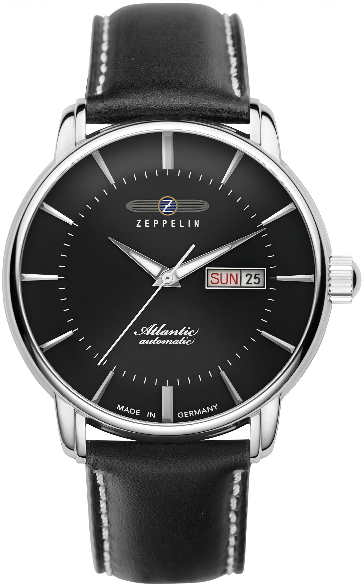 Zeppelin Atlantic Herrenuhr Automatik mit schwarzem Zifferblatt, Lederriemen und Datumsanzeige