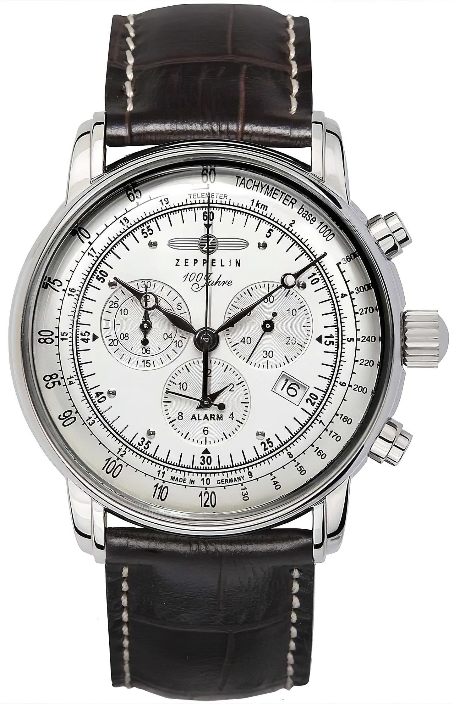 Zeppelin Herrenuhr mit Chronograph und Alarm, schwarzes Lederarmband, weißes Zifferblatt