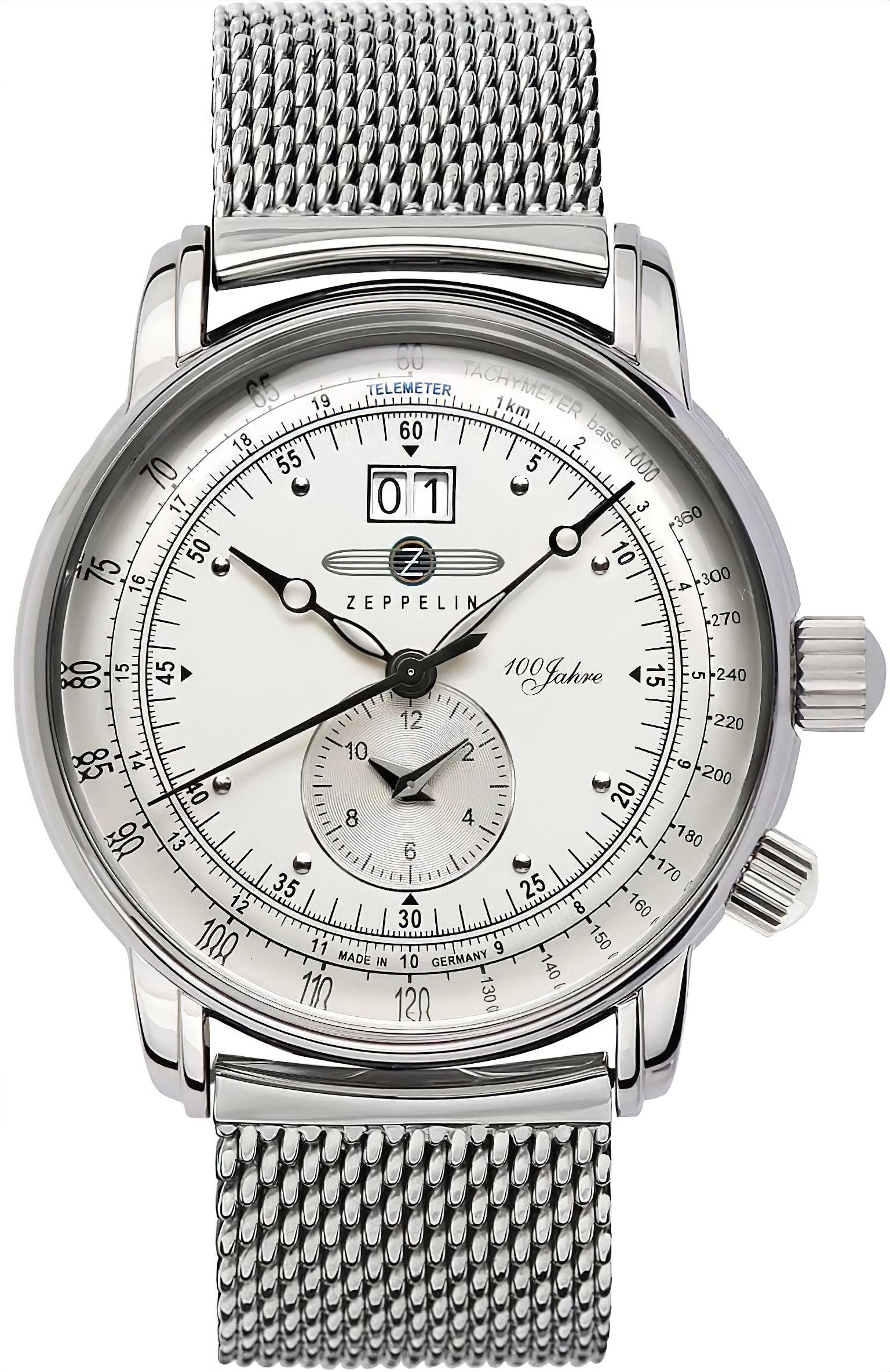 Zeppelin Herrenuhr mit silbernem Metallband und weißem Zifferblatt, Chronograf-Subdial.
