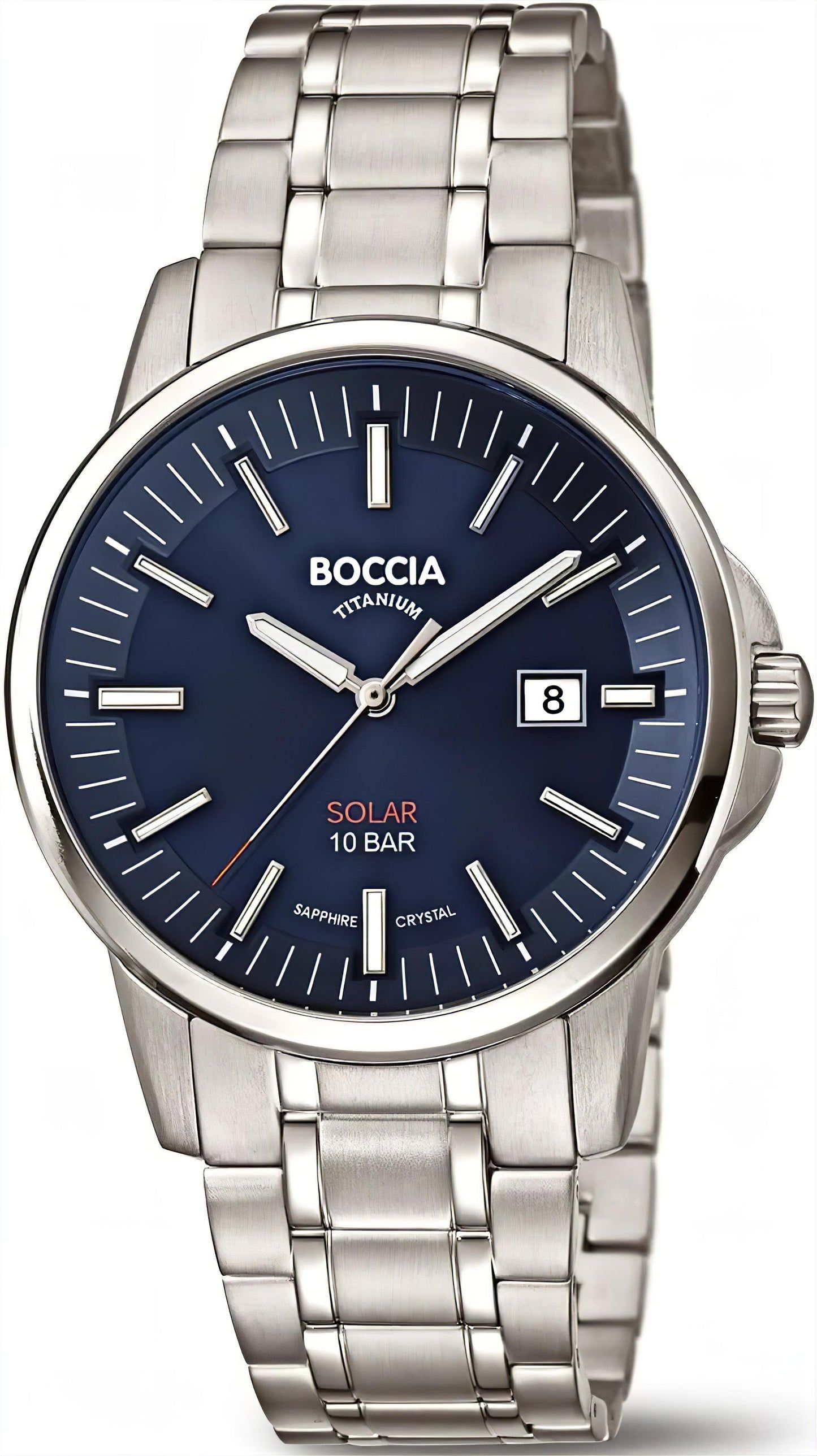 Boccia Herrenarmbanduhr mit blauem Zifferblatt und silbernem Metallband, Solarantrieb