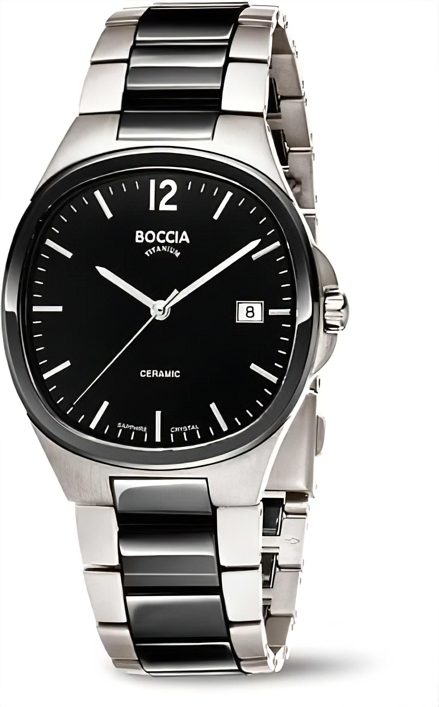 Boccia Herrenarmbanduhr mit schwarzem Zifferblatt und Edelstahlband
