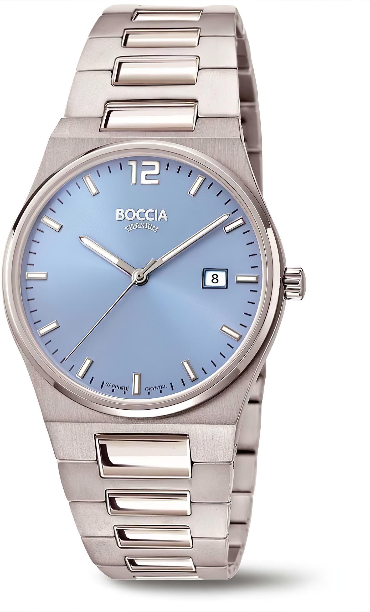 Boccia Herrenuhr mit silbernem Metallarmband und blauem Zifferblatt, Datumsfenster