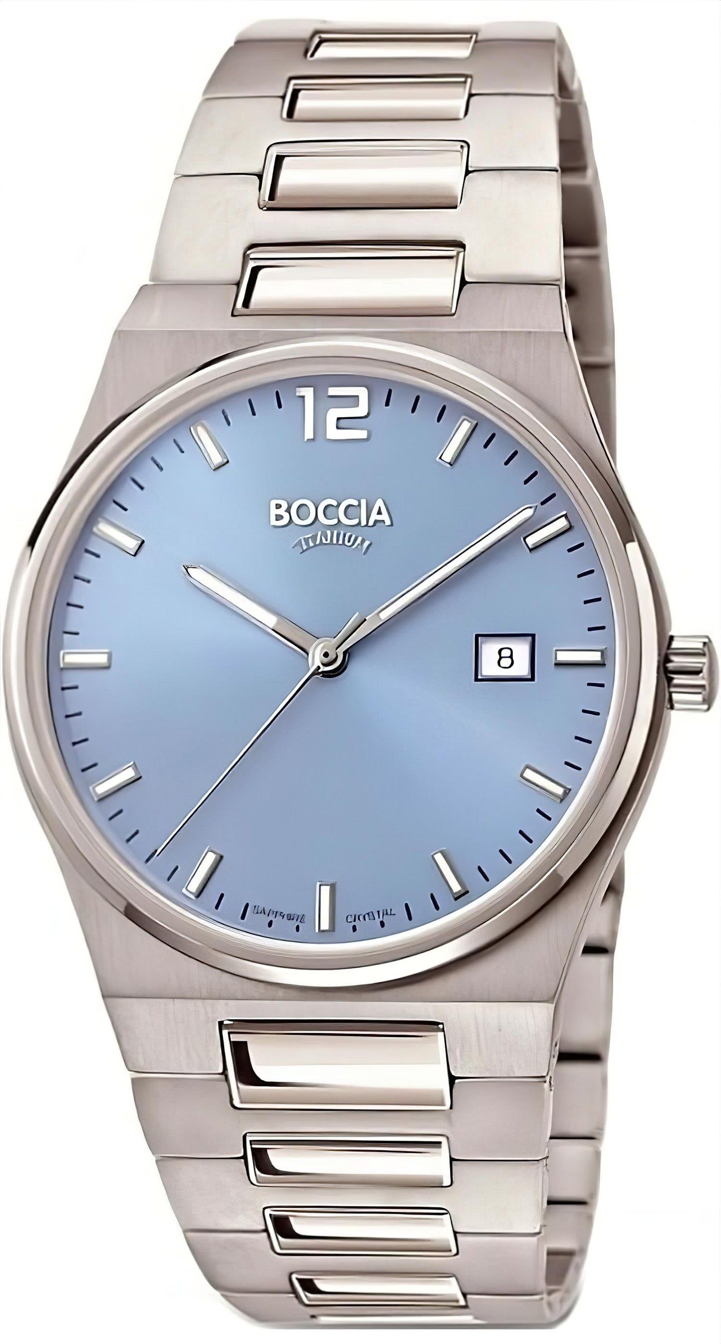 Herrenarmbanduhr Boccia mit silberfarbenem Edelstahlband, blauem Zifferblatt und Datumsanzeige