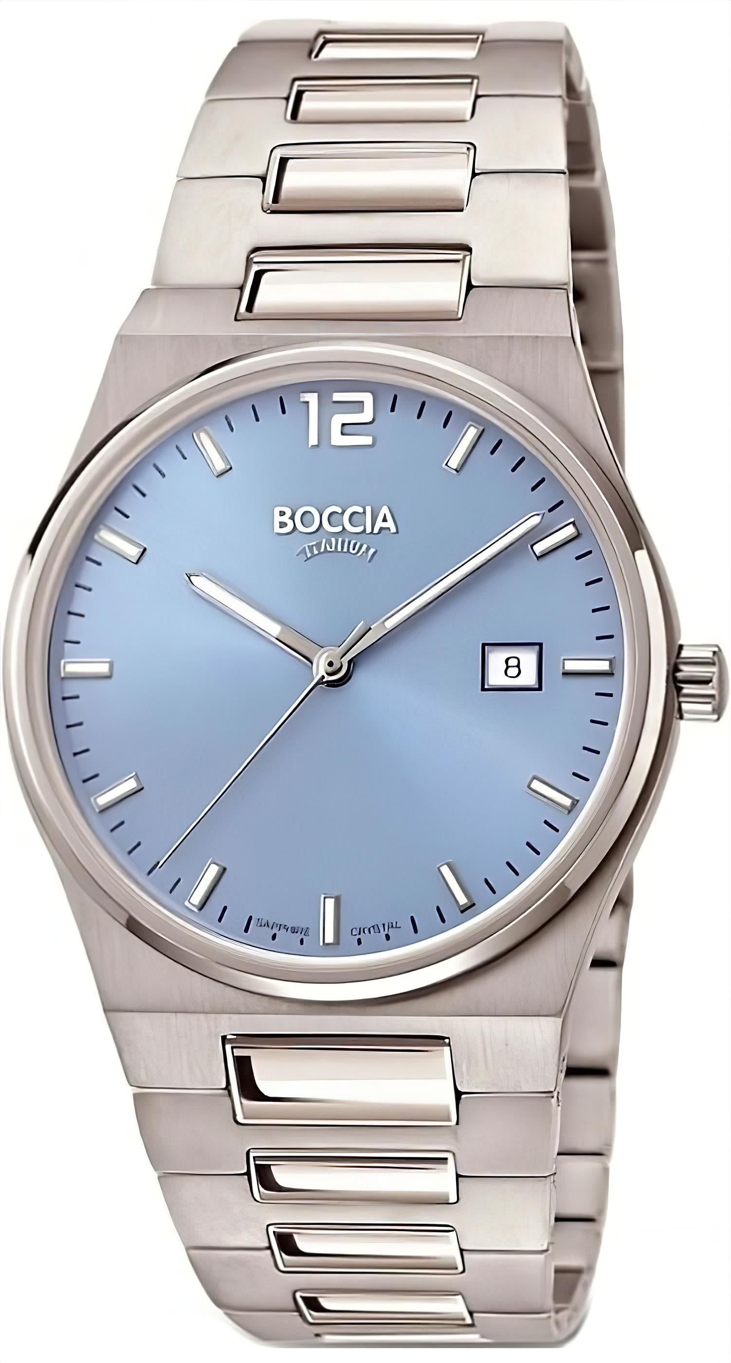 Herrenarmbanduhr Boccia mit silberfarbenem Edelstahlband, blauem Zifferblatt und Datumsanzeige